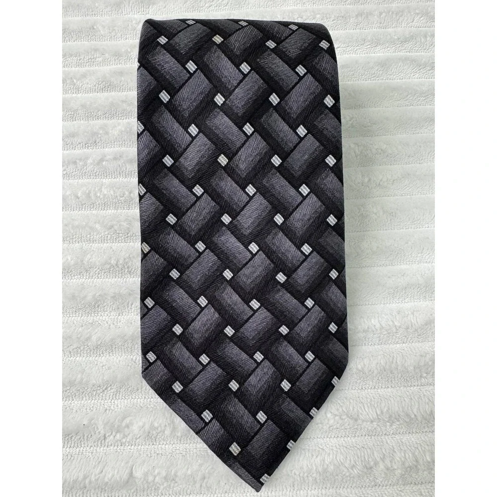 Carlos Devenezia Mens Silk Tie Black Grey Geometric Woven Hand Made RN103007